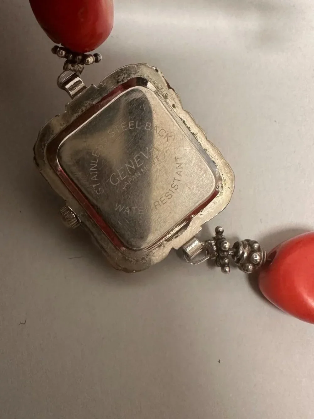 Geneva Watch Women Silver Tone Red Chunky Coral Beads Sterling Clasp Works